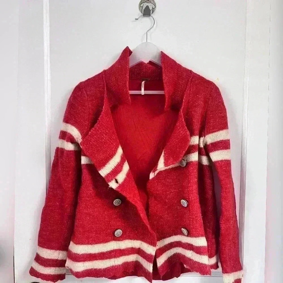 Free People Red White Double Breasted Nautical Wool Cardigan Sweater - Picture 3 of 3
